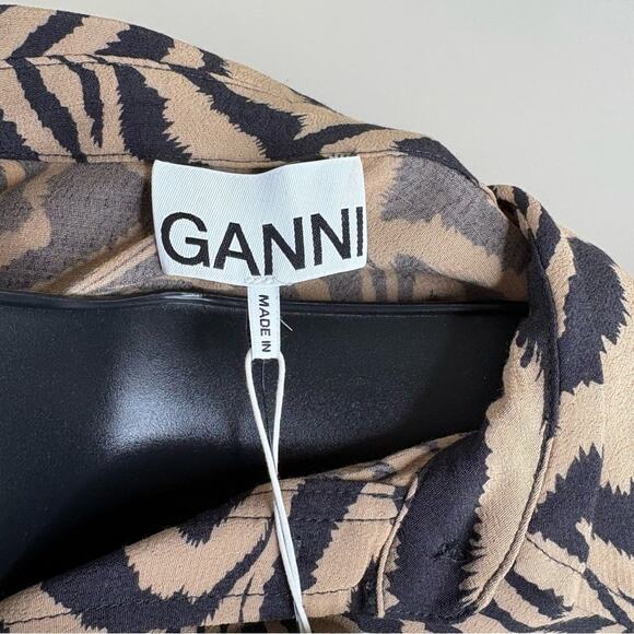 NEW GANNI Dress Womens 40/ US L Tan Black Zebra Print Crepe Mini Long Sleeves - Picture 4 of 10
